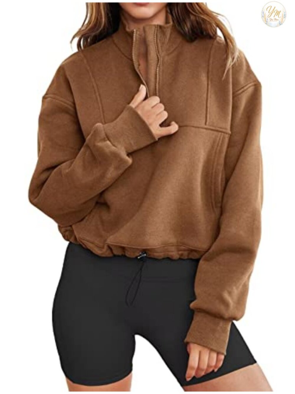 Women's Half Zip Cropped Sweatshirt Oversized Pullover V-Neck Long Sleeve Top